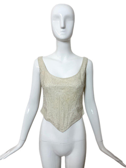 LES HABITUDES 90's Vintage Ivory Silk Hard Boned Corset w. Iridescent Glass Beads