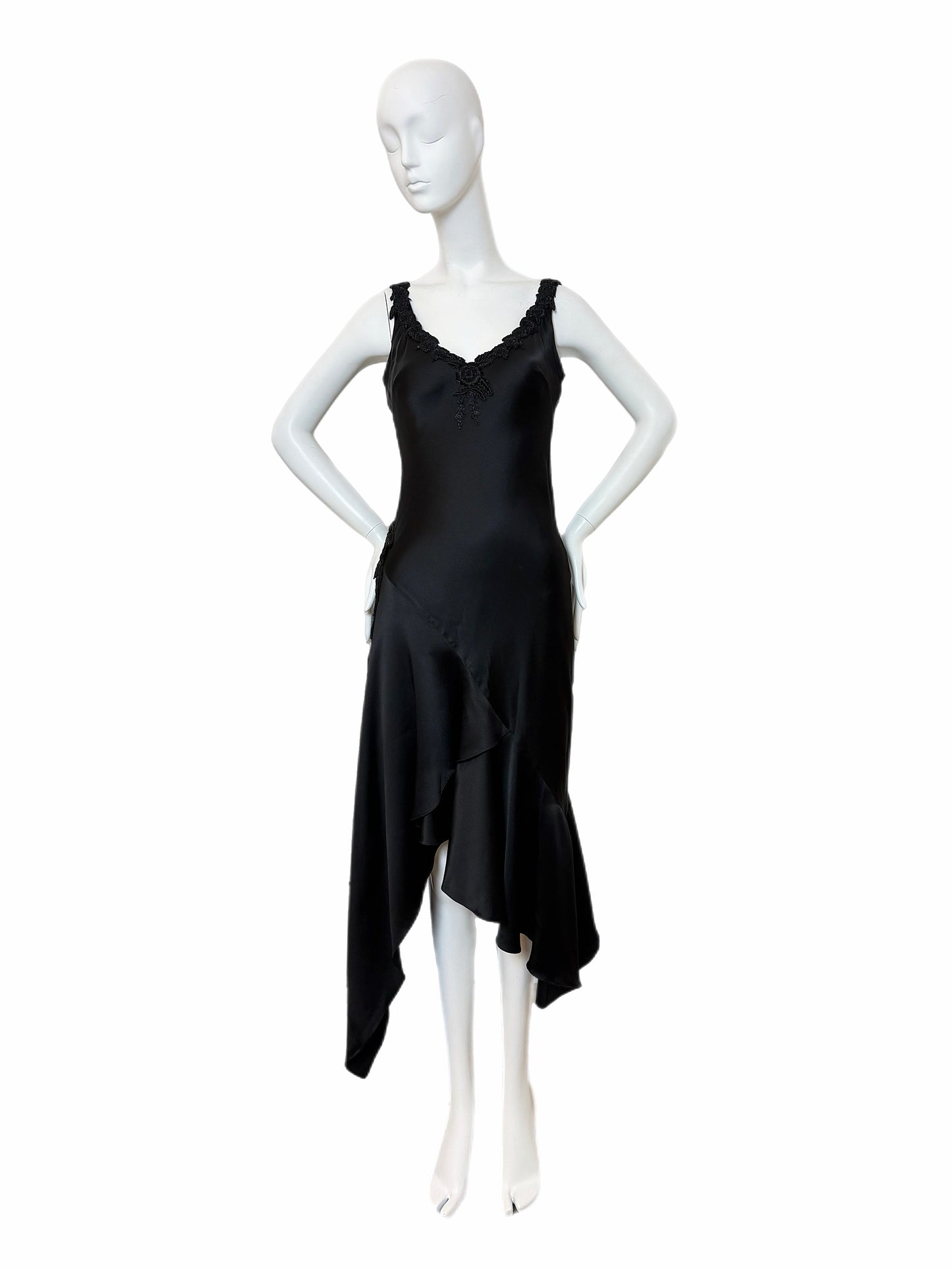 VINTAGE 90's Black Silk Floral Embroidered Handkerchief Asymmetrical Dress