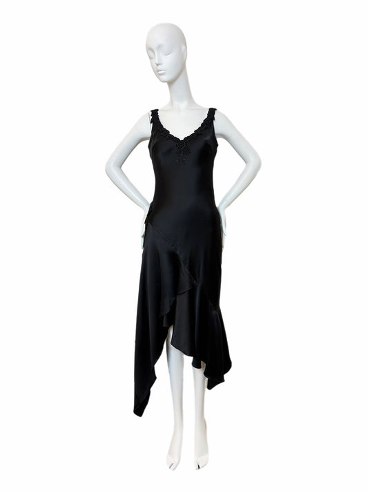VINTAGE 90's Black Silk Floral Embroidered Handkerchief Asymmetrical Dress