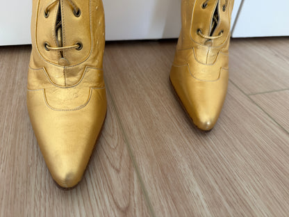 DIOR by JOHN GALLIANO 2000 Vintage Gold Leather Embossed Ostrich Print Lace Up Boots