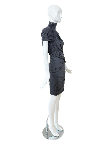 DONNA KARAN Vintage Grey Ruched Zipper Dress