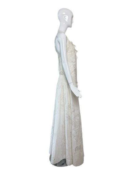 ROBERTO CAVALLI 2016 White Blouson Maxi Dress w. Hand Painted Gold Design