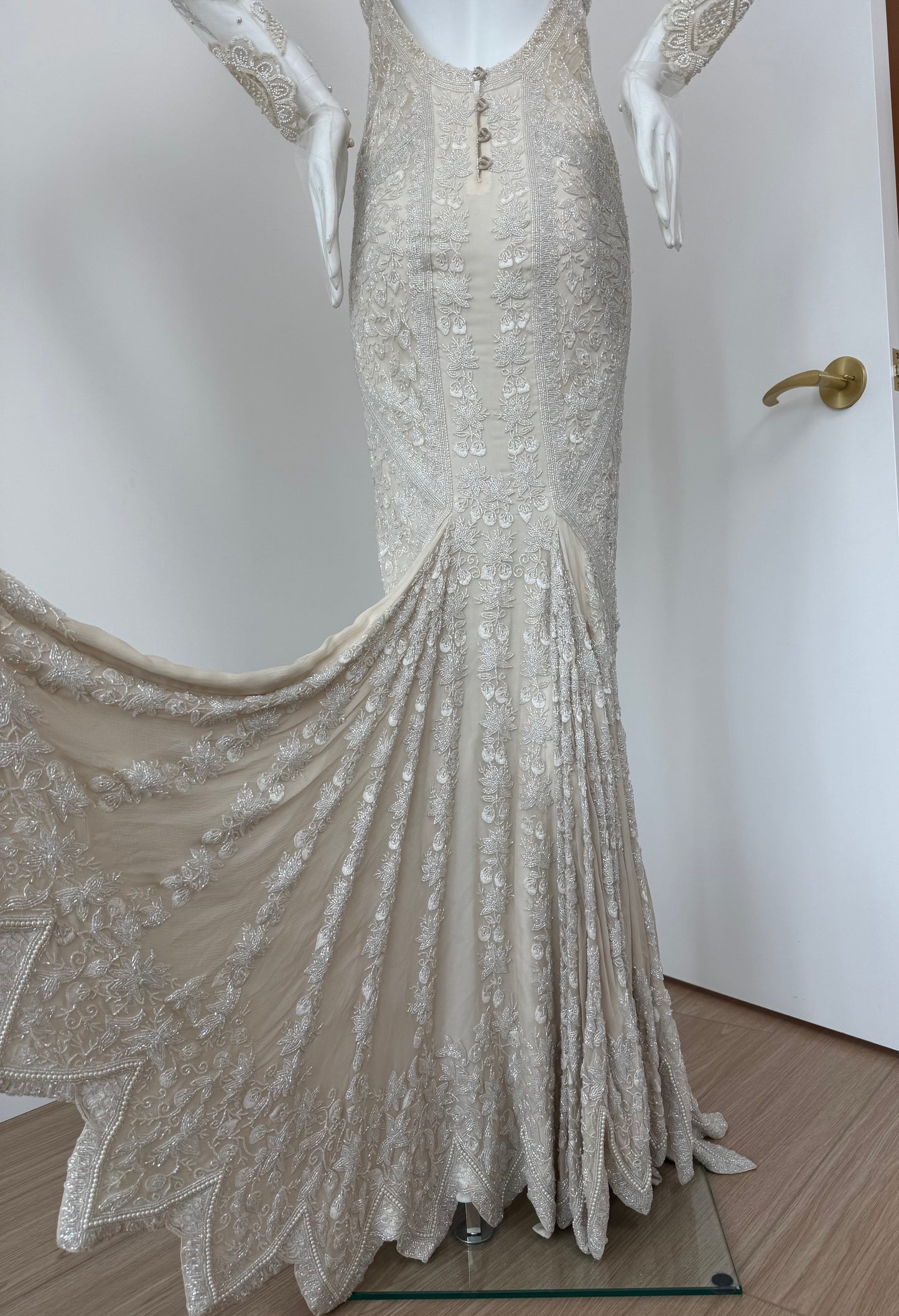 LES HABITUDES 90's Vintage Couture Hand-Beaded w. Pearls Silk Bridal Gown w. Gloves