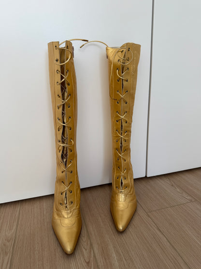 DIOR by JOHN GALLIANO 2000 Vintage Gold Leather Embossed Ostrich Print Lace Up Boots