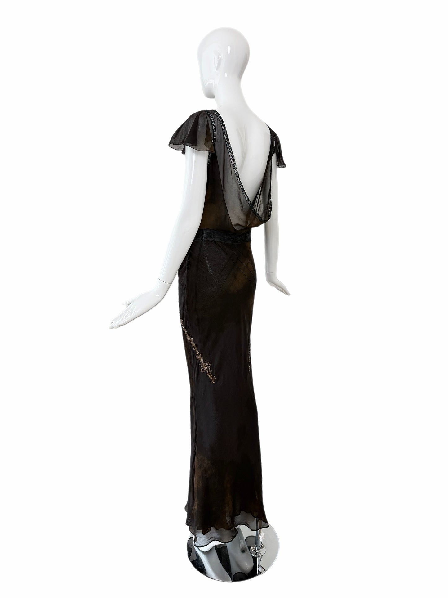JOHN GALLIANO 2006 Vintage Runway Silk Bias Cut Metal + Lace Embellished Evening Gown