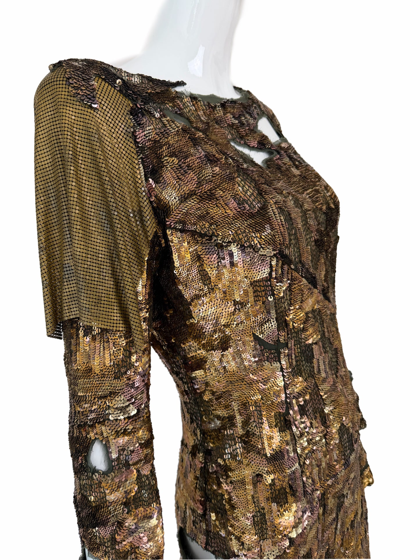 BALMAIN 2010 Vintage Runway Bronze Sequin Distressed Dress