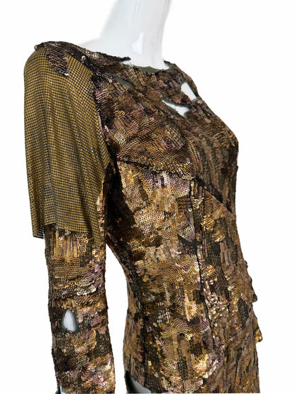 BALMAIN 2010 Vintage Runway Bronze Sequin Distressed Dress