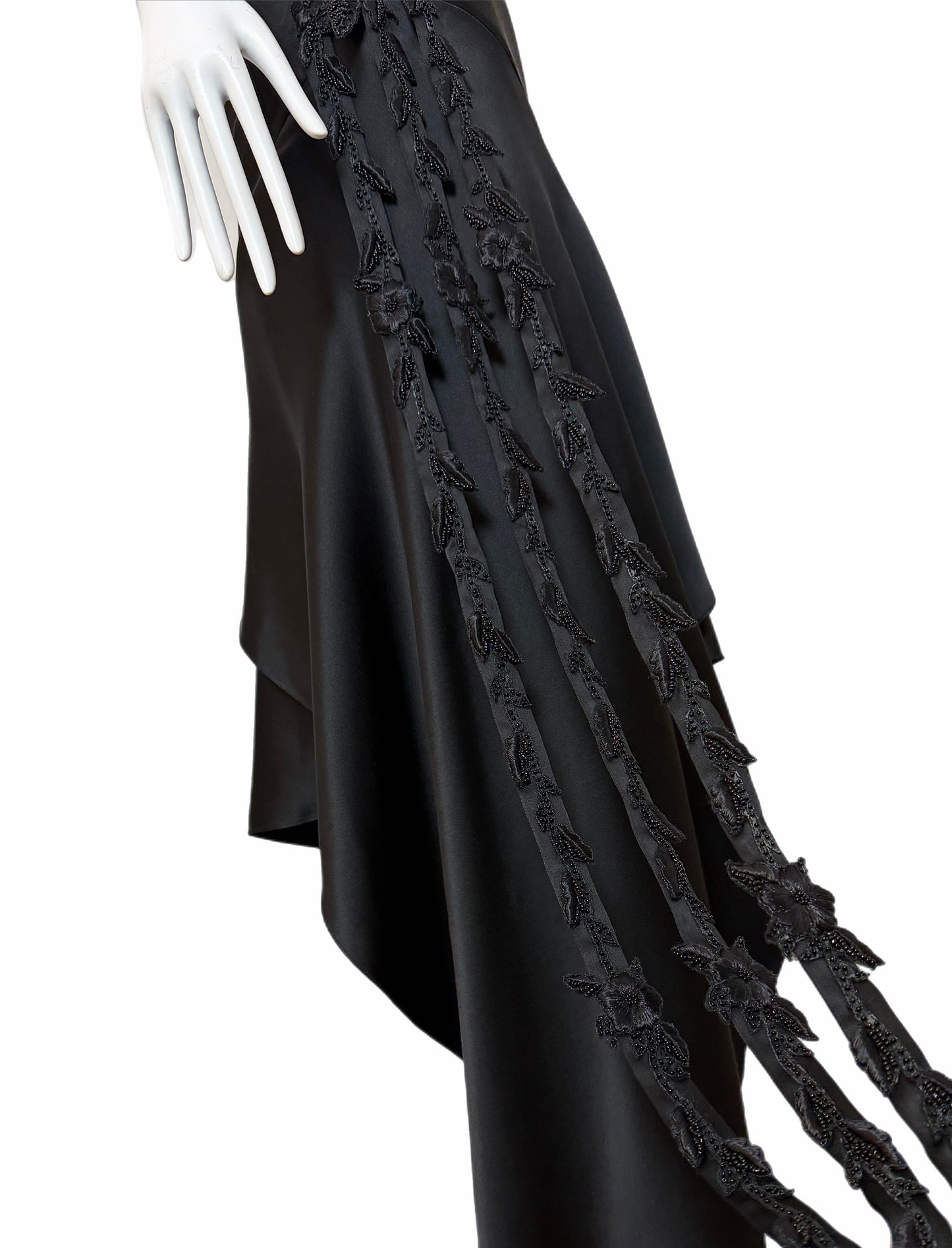 VINTAGE 90's Black Silk Floral Embroidered Handkerchief Asymmetrical Dress