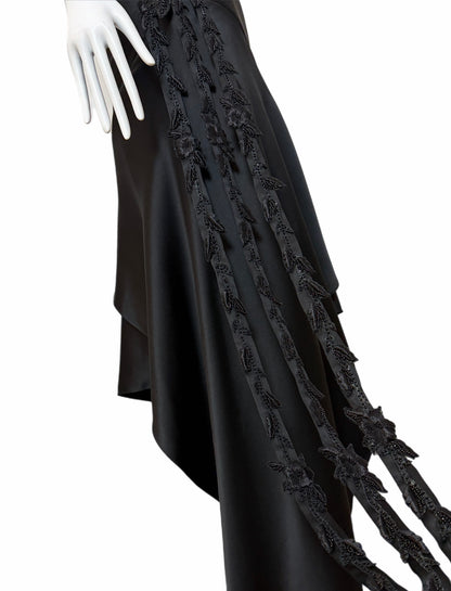 VINTAGE 90's Black Silk Floral Embroidered Handkerchief Asymmetrical Dress