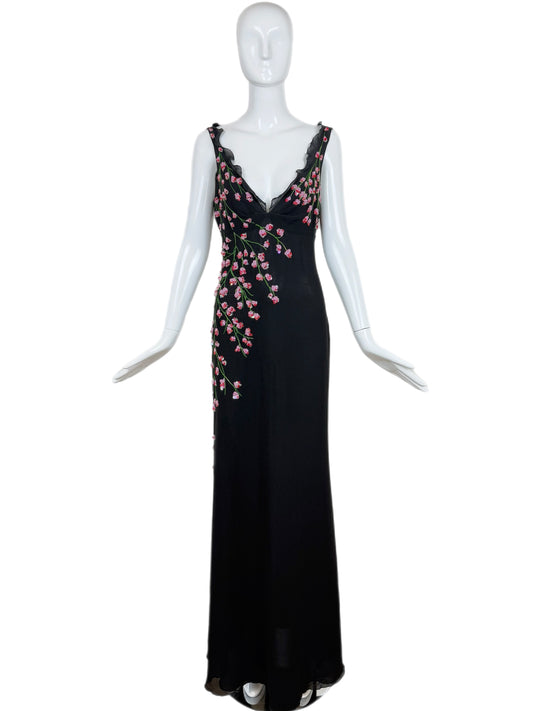 VALENTINO BOUTIQUE 90's Vintage Floral Beaded Black Silk Gown
