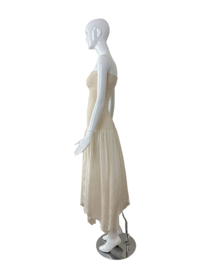 DONNA KARAN 90's Vintage Ivory Silk Smocked Long Strapless Dress