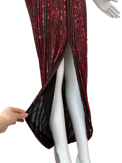 BOB MACKIE c. 1987 Vintage Red Heavily Embellished Evening Gown