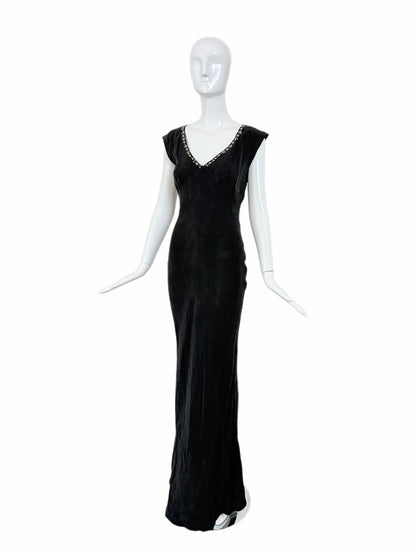 LES HABITUDES 90's Vintage Jet Black Floral Neckline Slip Gown