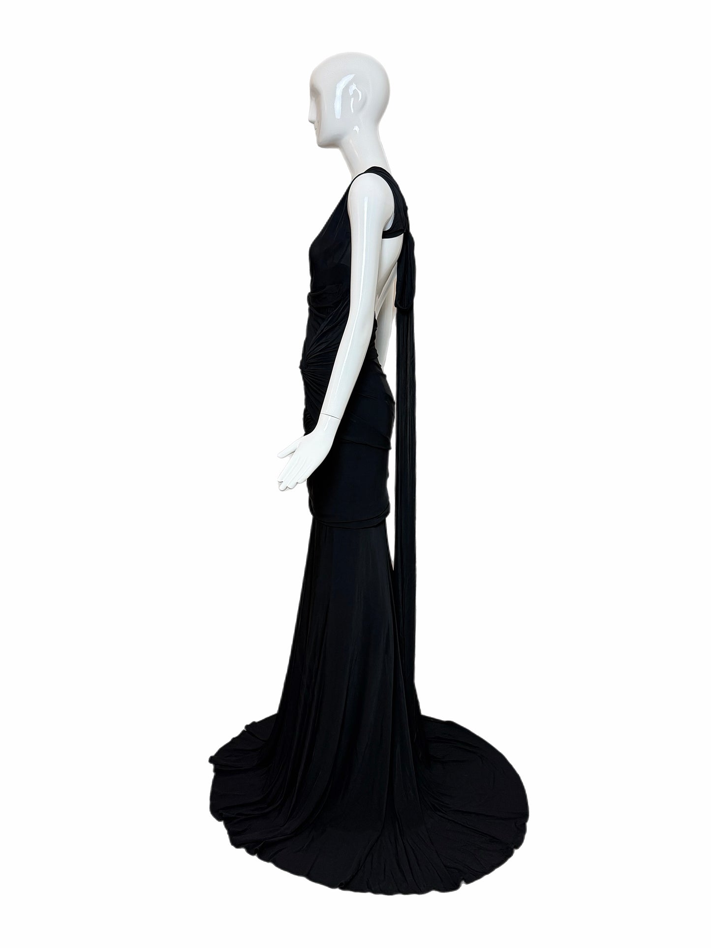 DONNA KARAN Vintage Black Ruched Extra Long Open Back Evening Gown