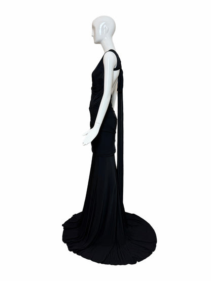 DONNA KARAN Vintage Black Ruched Extra Long Open Back Evening Gown