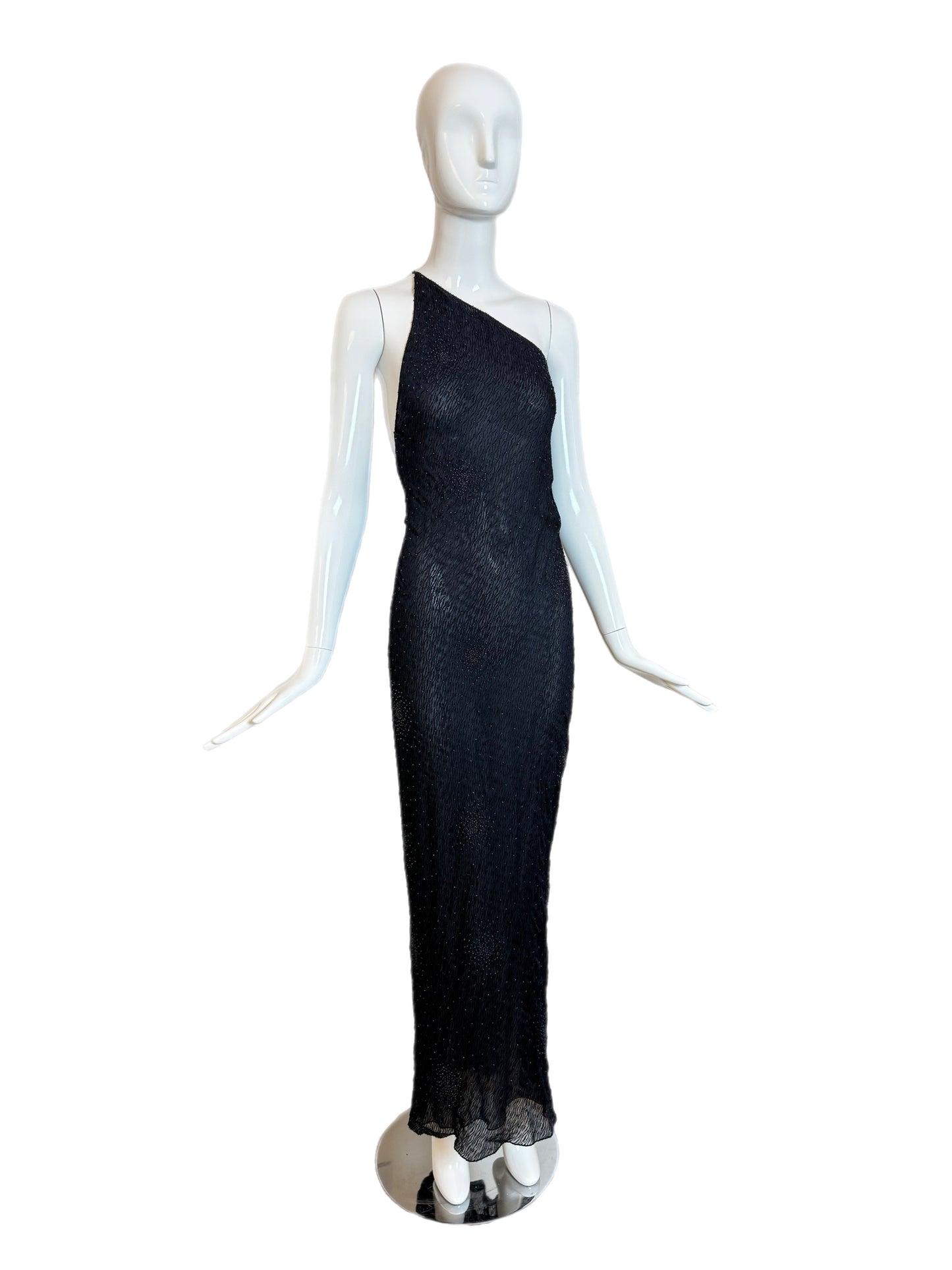 DONNA KARAN 90's Vintage Midnight Blue Beaded Asymmetrical Evening Gown