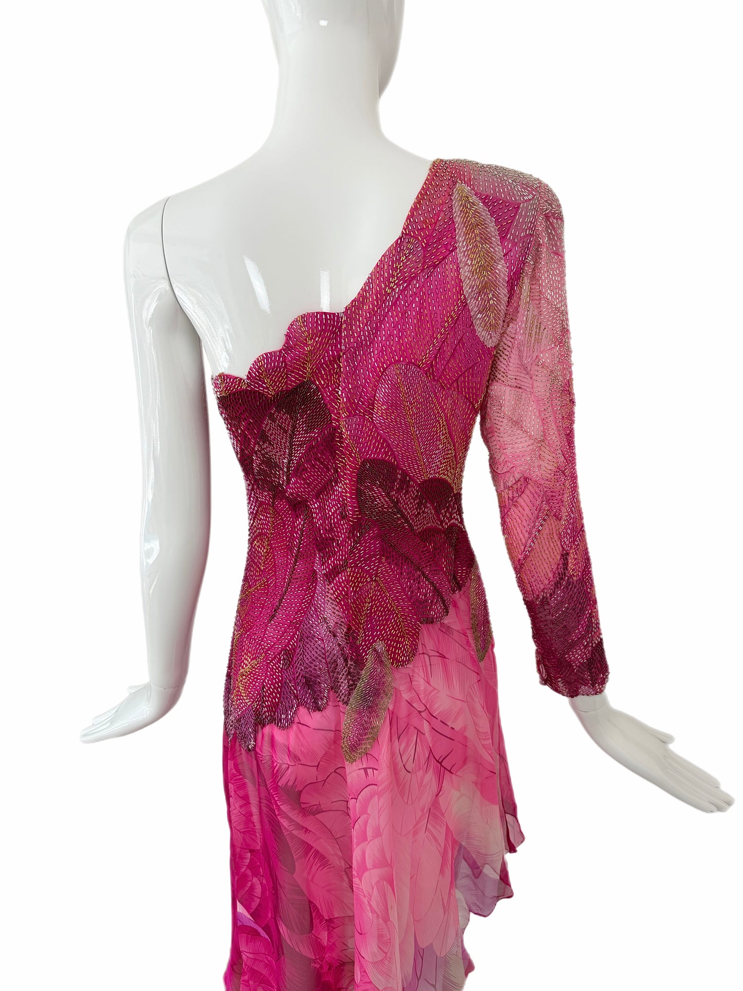 HANAE MORI Vintage Silk Hand Beaded One Shoulder Vibrant Cocktail Dress