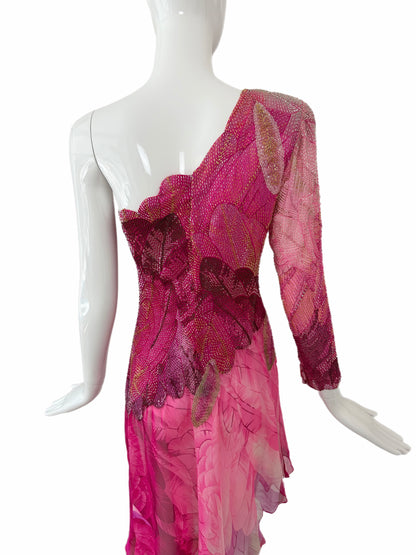 HANAE MORI Vintage Silk Hand Beaded One Shoulder Vibrant Cocktail Dress