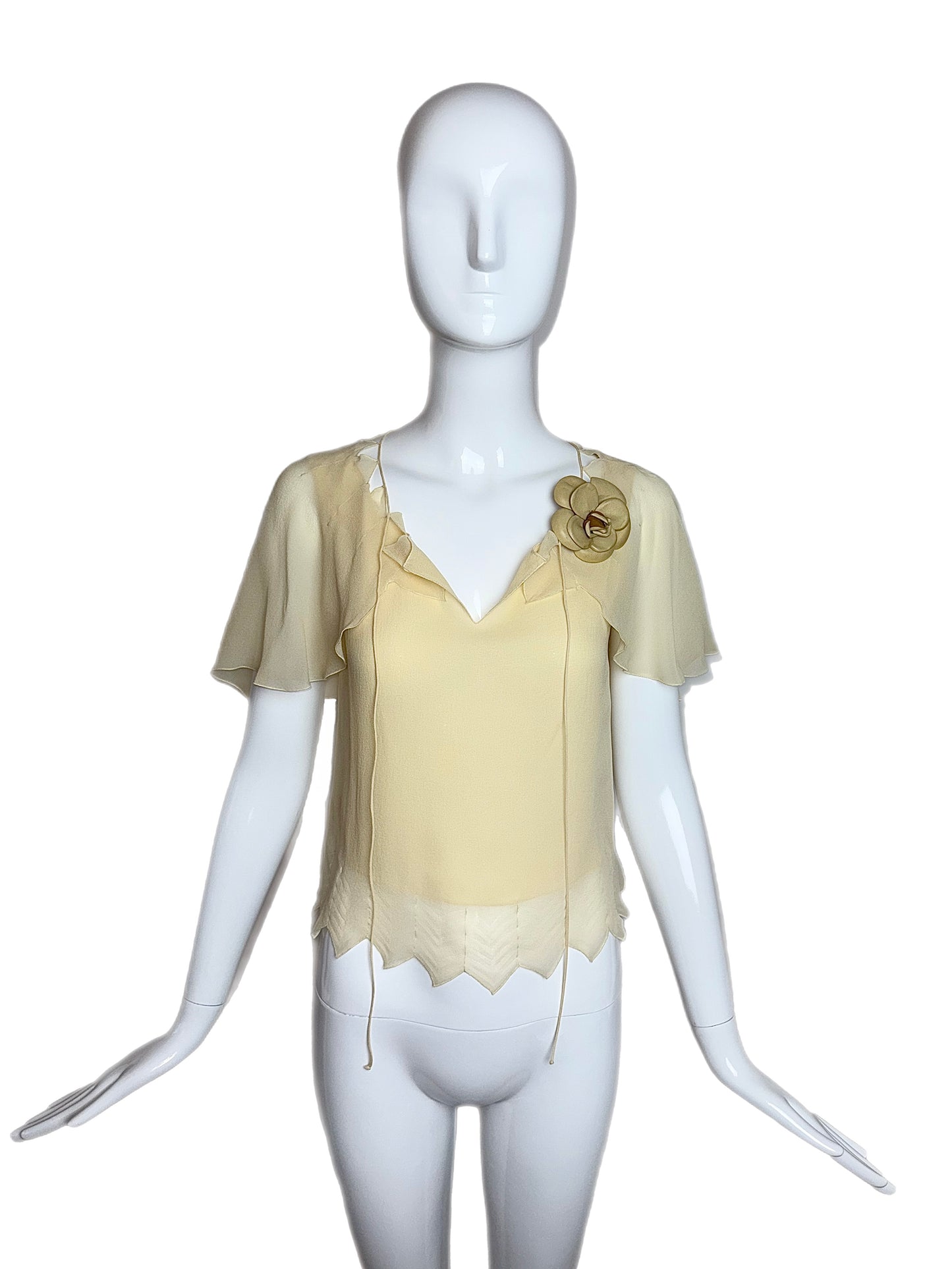 CHANEL 2003 Vintage Silk Vanilla Blouse w. Leather Camilla