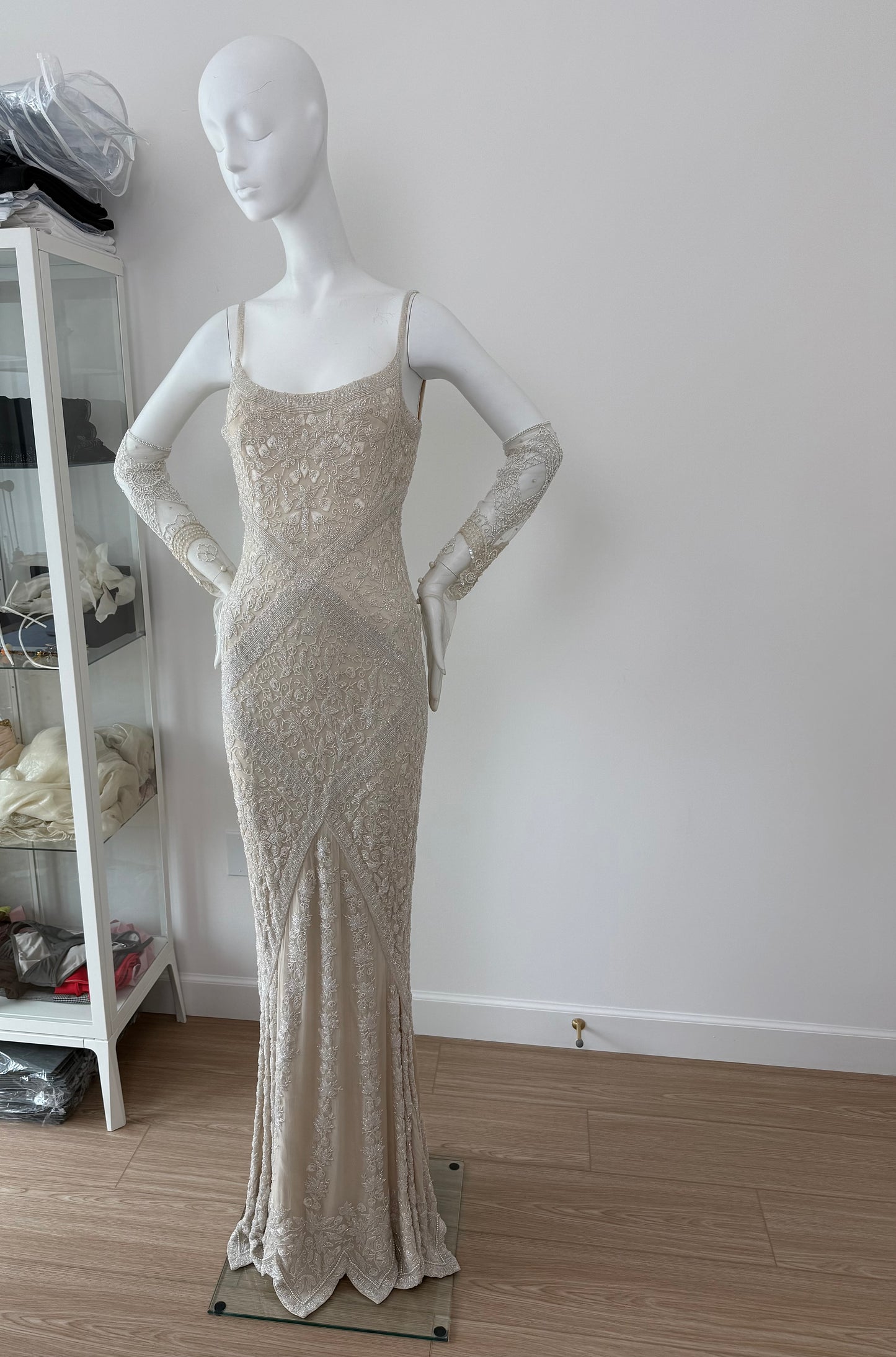 LES HABITUDES 90's Vintage Couture Hand-Beaded w. Pearls Silk Bridal Gown w. Gloves