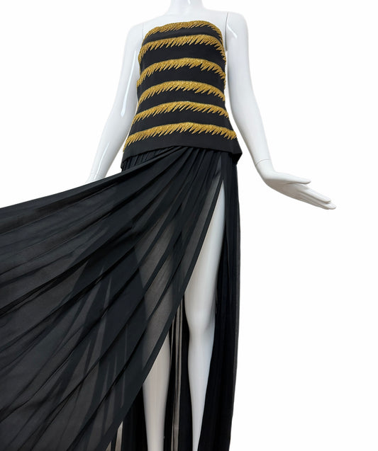 KARL LAGERFELD 1989 Vintage Runway Black + Gold Silk Beaded Corset Ensemble