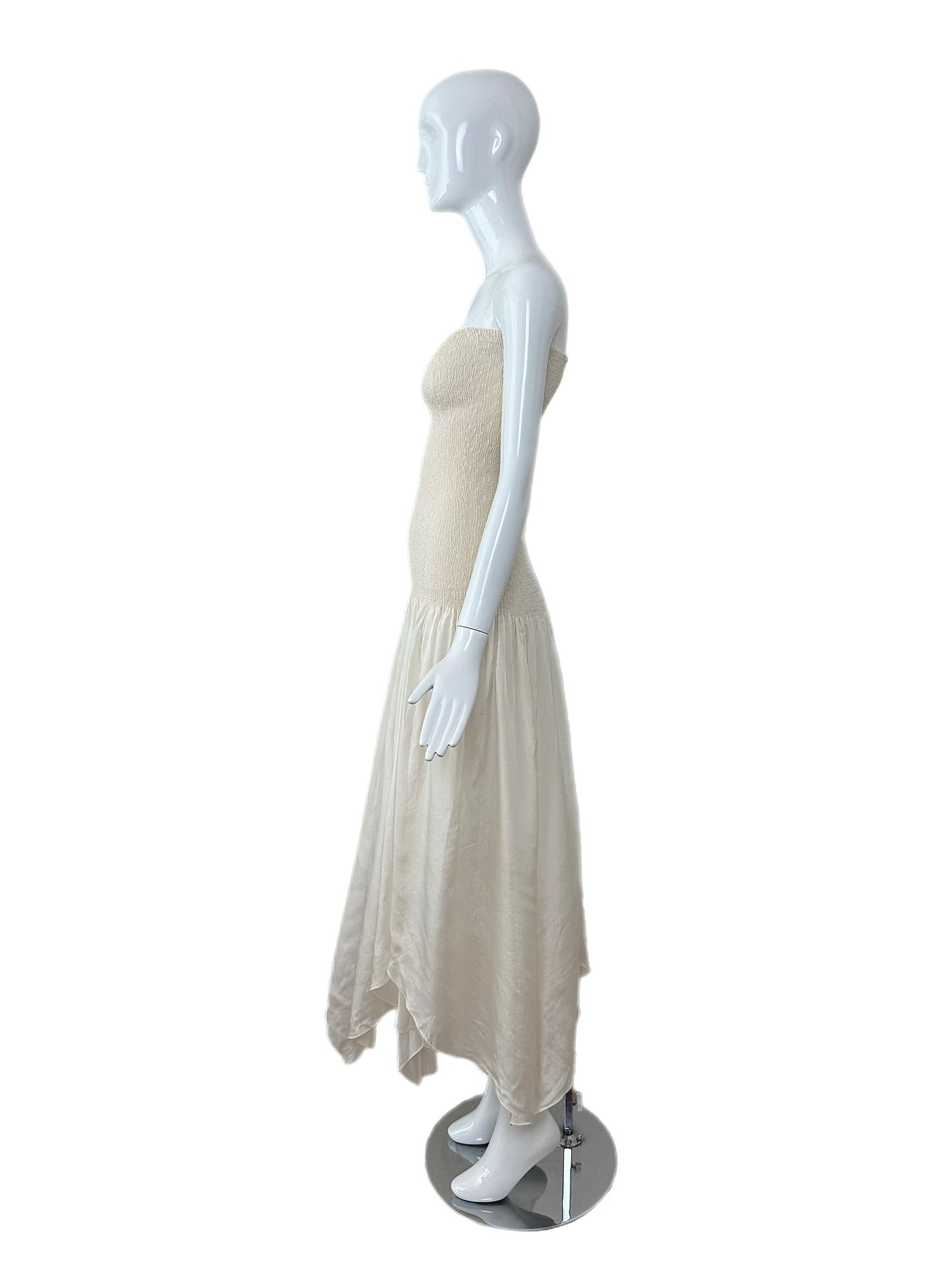 DONNA KARAN 90's Vintage Ivory Silk Smocked Long Strapless Dress