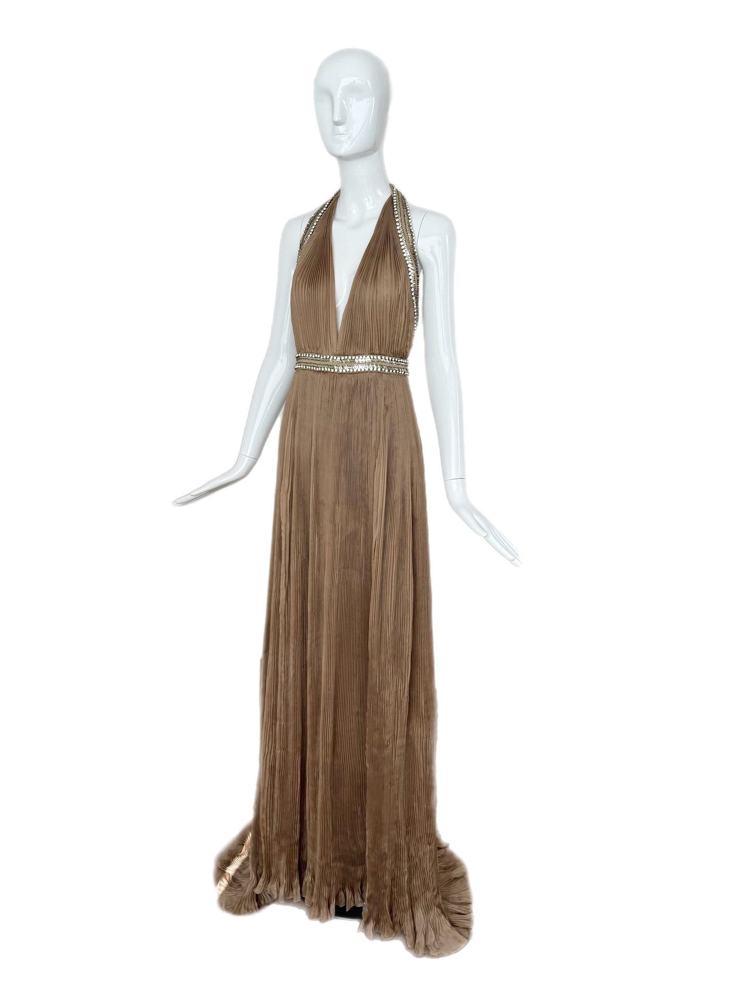 ROBERTO CAVALLI 2000's Vintage Taupe Plissé Grecian Embellished Evening Gown