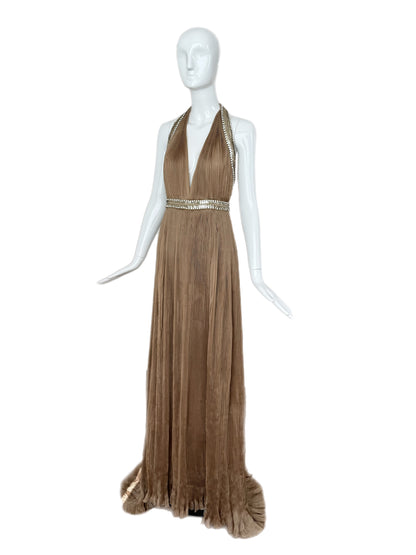 ROBERTO CAVALLI 2000's Vintage Taupe Plissé Grecian Embellished Evening Gown