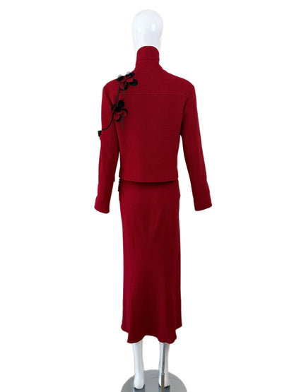 John Galliano 2001 Vintage Crimson Red Floral Motif Skirt Suit