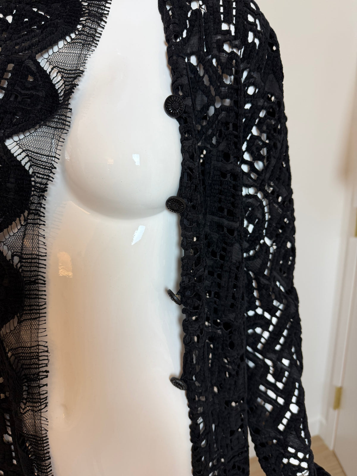 Danes Vintage Black Crochet Dramatic Floor Length Long Sleeve Jacket
