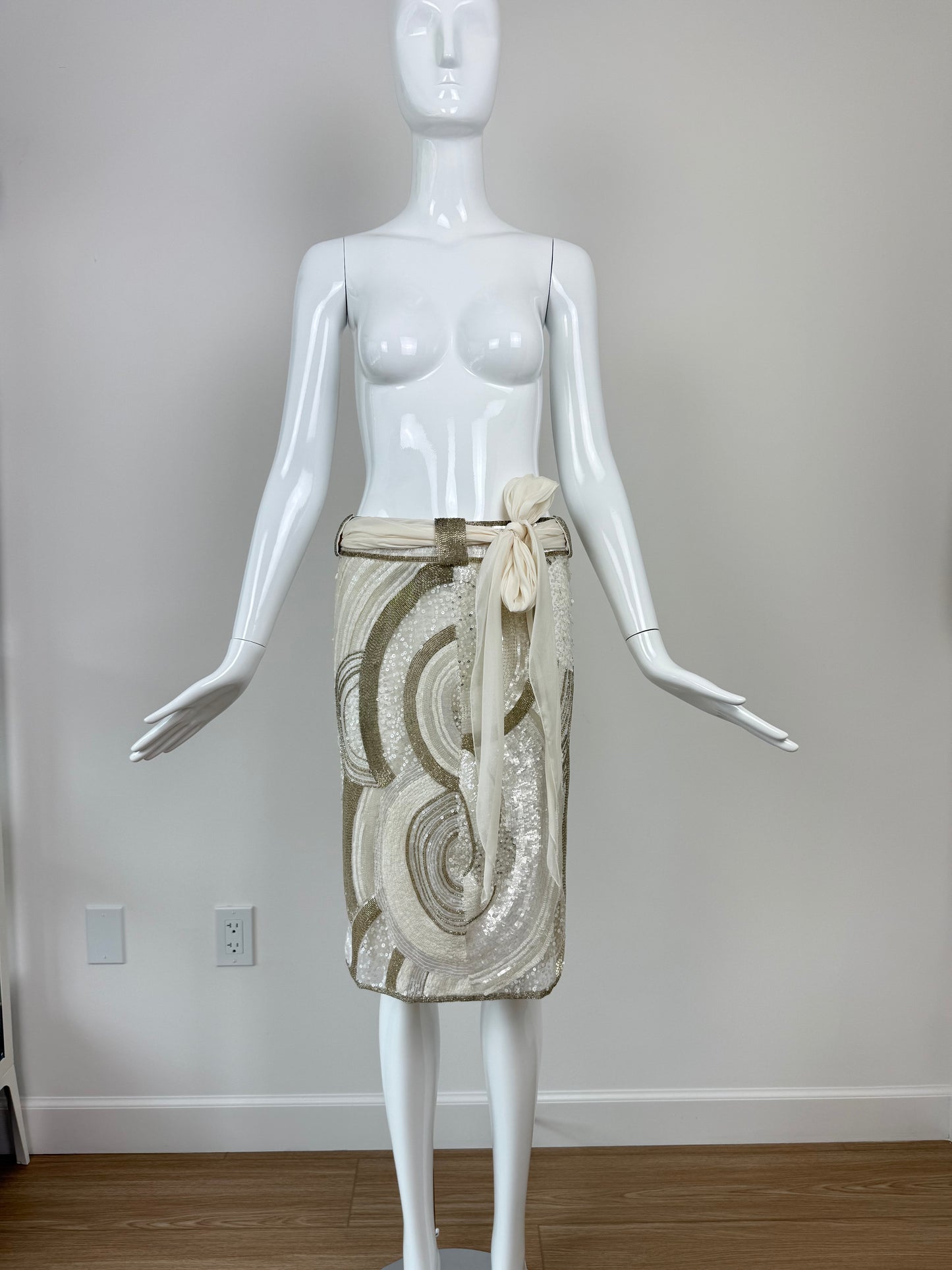 VALENTINO 2005 Vintage White + Gold Beaded Skirt