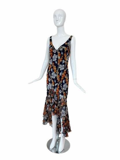 JOHN GALLIANO 2004 Vintage Silk Navy Floral Ruffle Maxi Dress