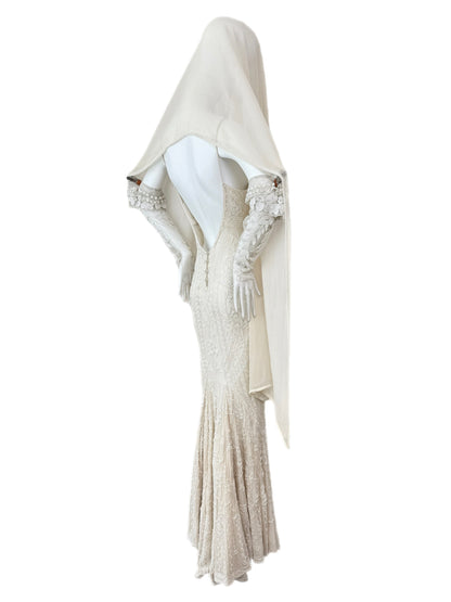 LES HABITUDES 90's Vintage Couture Hand Beaded Bridal Gown w. Gloves + Shawl