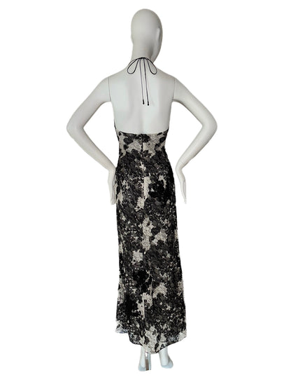 MONIQUE LHUILLIER 2003 Vintage Runway Black + White Silk Lace Gown