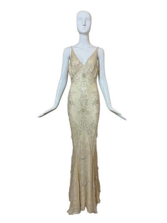 Les Habitudes 90's Vintage Couture Hand-Beaded Silk Vanilla Bridal Gown