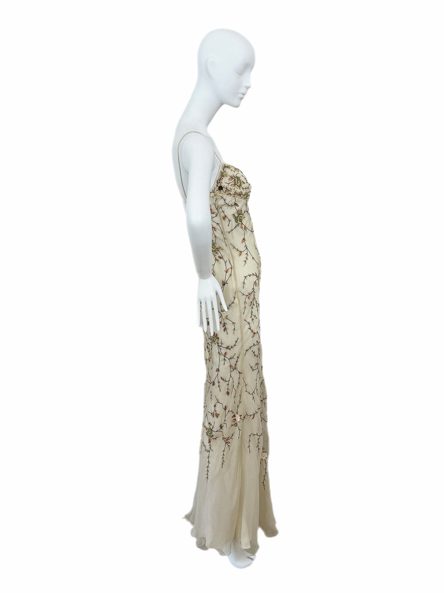 EAVIS & BROWN 90's Vintage Iridescent Beige Silk Embroidered Floral Gown