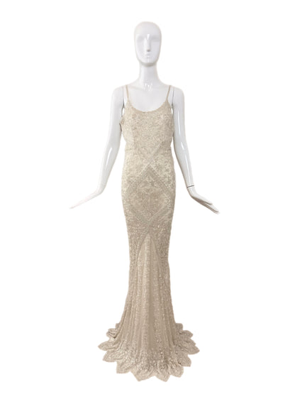 LES HABITUDES 90's Vintage Couture Ivory Iridescent Silk Hand-Beaded Evening Gown
