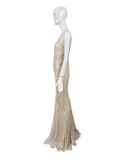LES HABITUDES 90's Vintage Couture Ivory Iridescent Silk Hand-Beaded Evening Gown