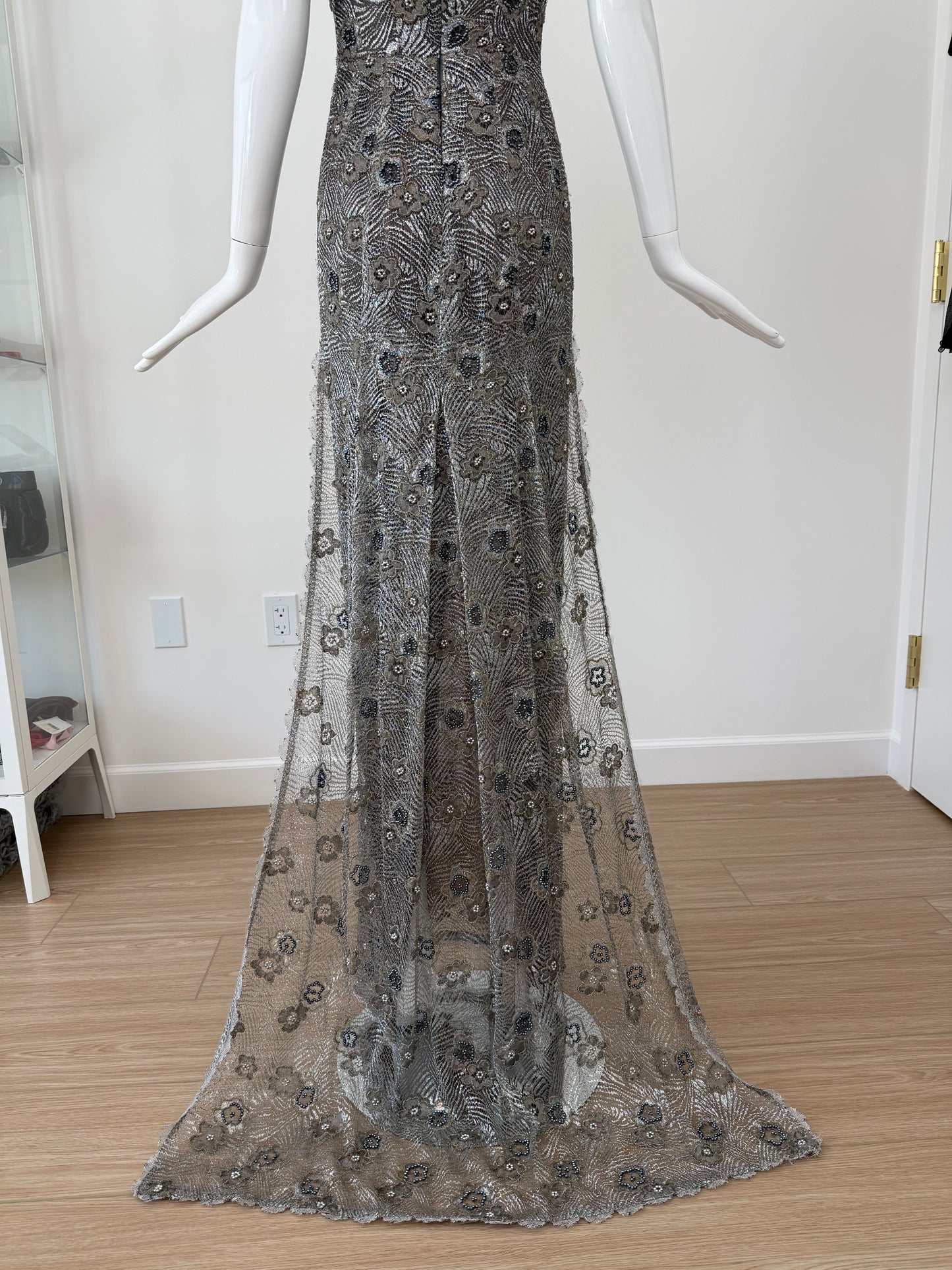 RANDOLPH DUKE 2005 Vintage Silver Floral Beaded Evening Gown w. Train