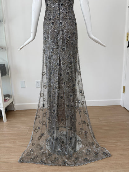 RANDOLPH DUKE 2005 Vintage Silver Floral Beaded Evening Gown w. Train