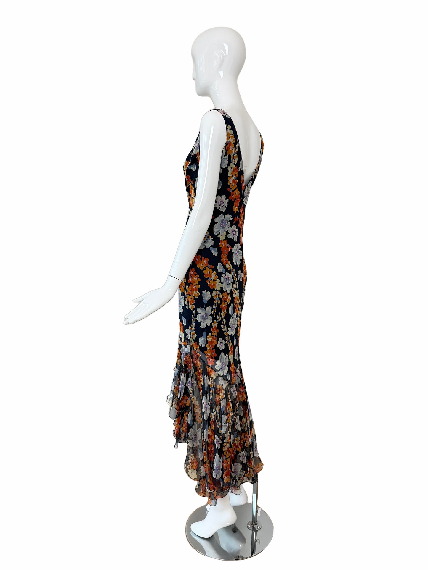 JOHN GALLIANO 2004 Vintage Silk Navy Floral Ruffle Maxi Dress
