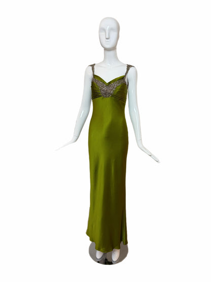 MONIQUE LHUILLIER 2005 Vintage Runway Green Silk Gown w. Crystals