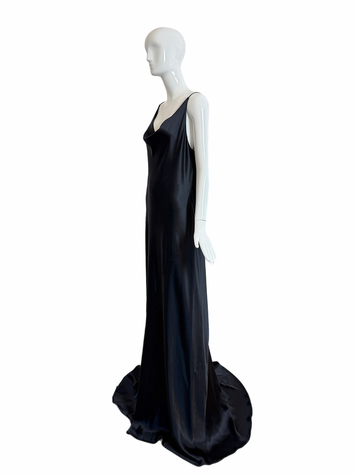 Les Habitudes 90's Vintage Black Liquid Satin Cowl Neck Evening Gown w. Train