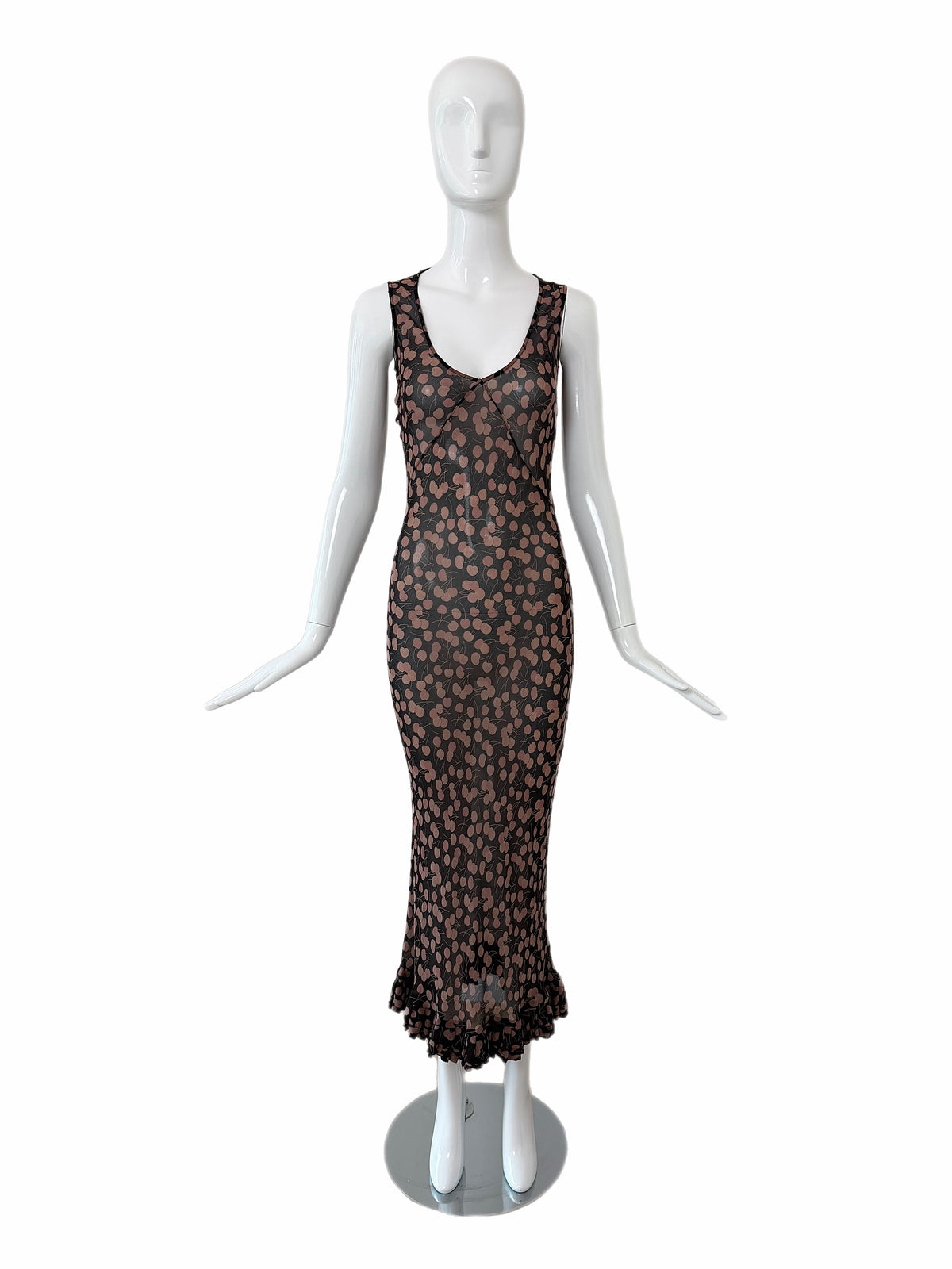 COLLETTE DINNIGAN Vintage Sheer Silk Cherry Print Ankle Length Dress