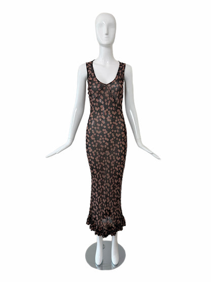 COLLETTE DINNIGAN Vintage Sheer Silk Cherry Print Ankle Length Dress