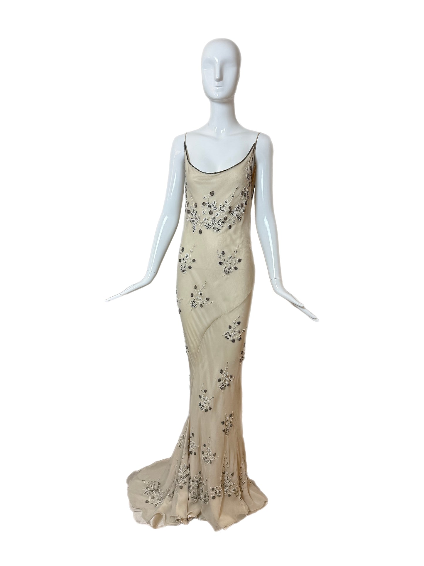 90's Vintage Couture Silk Hand Embroidered Beaded Cowl Back Evening Gown