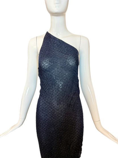 DONNA KARAN 90's Vintage Midnight Blue Beaded Asymmetrical Evening Gown