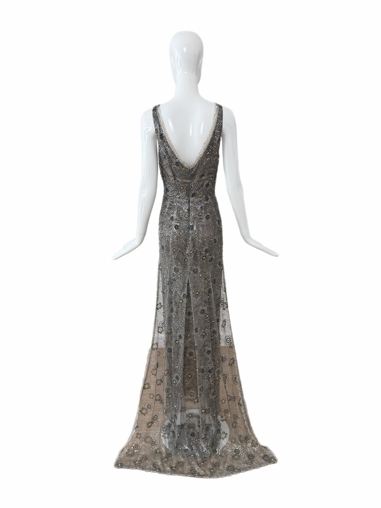 RANDOLPH DUKE 2005 Vintage Silver Floral Beaded Evening Gown w. Train