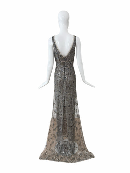 RANDOLPH DUKE 2005 Vintage Silver Floral Beaded Evening Gown w. Train