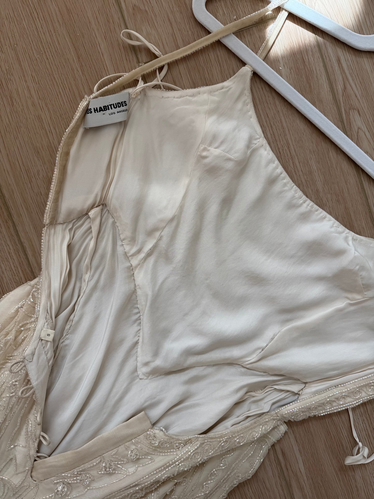 LES HABITUDES 90's Couture Vintage Iridescent Ivory Cream Silk Hand Beaded Bridal Gown